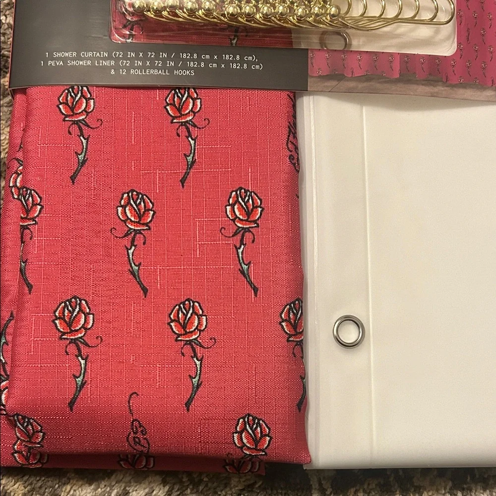 Ed Hardy Pink Rose Shower Curtain Set with Gold Hooks